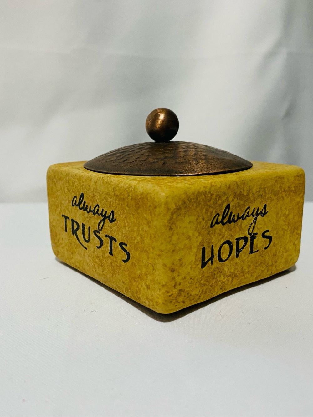 Yellow Stoneware Trinket Box with Bronze-Tone Lid